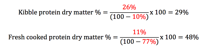 Kibble protein versus fresh cooked protein protein dry matter equation