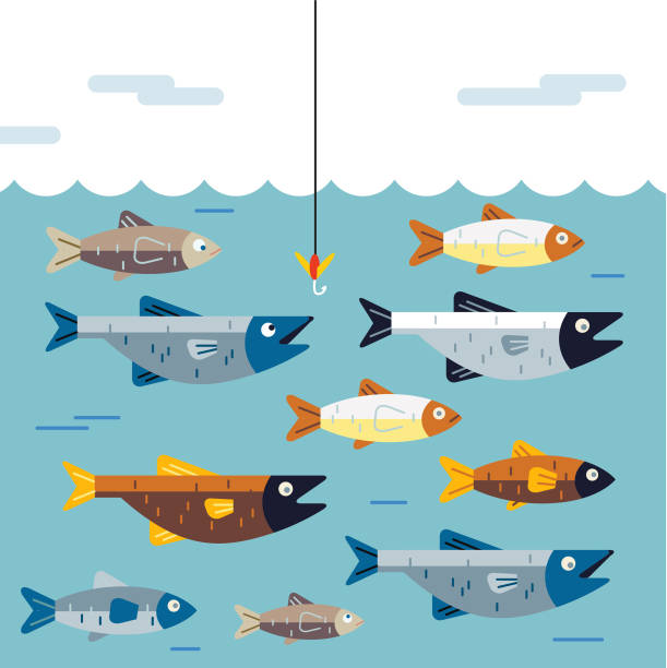 Cartoon illustration of fish underwater avoiding bait on fish hook