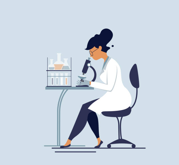 scientist illustration woman looking though microscope