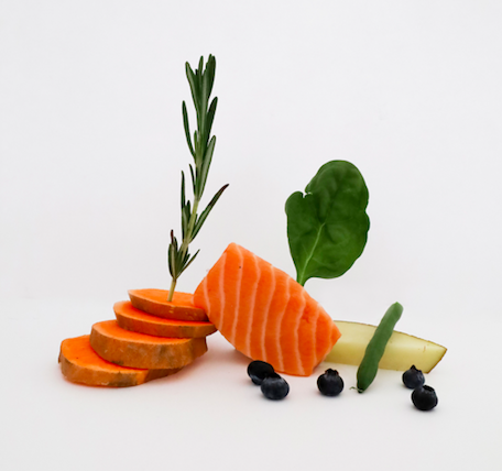 Fresh salmon ingredients: salmon, spinach, rosemary, blueberries