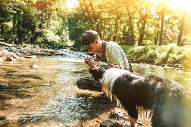 border collie looking at his owner putting a fish hook on his rod