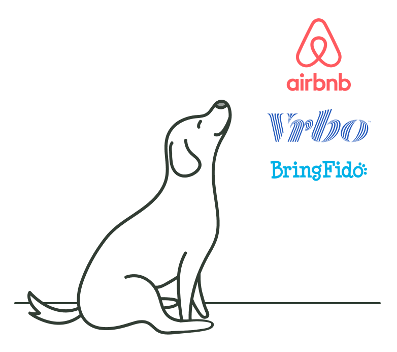 Illustration of a dog and logos from Airbnb, VRBO and Bring Fido