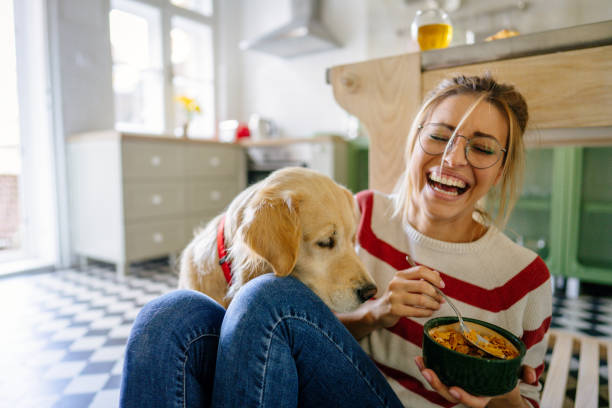 Morning with my pet in our kitchen Photo of young woman and her dog in a kitchen at the morning dog eating stock pictures, royalty-free photos & images