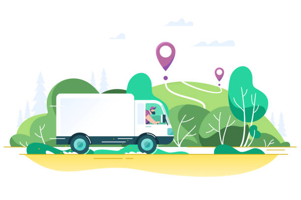 Flat delivery truck with man is carrying parcels on points. Flat delivery truck with man is carrying parcels on points. Concept online map, tracking, service. Vector illustration. transport truck stock illustrations