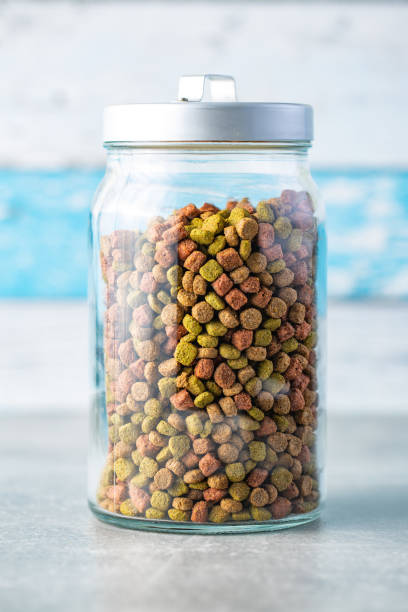 Dry kibble animal food. Dried food for cats or dogs. Dry kibble animal food. Dried food for cats or dogs in jar. dog food container stock pictures, royalty-free photos & images