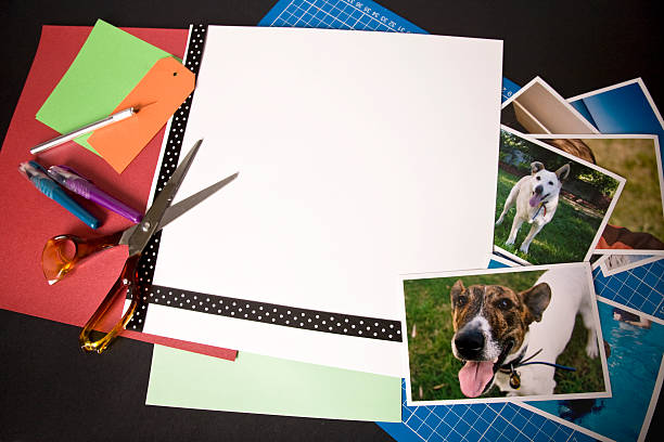 Scrapbooking Dog Layout Scrapbooking items and photographs layed out on black card (not isolated). All photographs are taken and owned by me. dog scrap book stock pictures, royalty-free photos & images