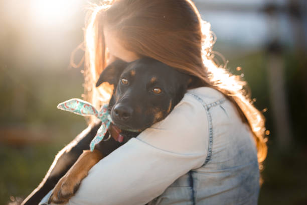Girl hugging her dog Girl hugging her cute black mutt dog dog adoption stock pictures, royalty-free photos & images