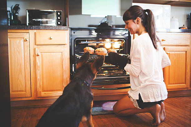 Something smells nice Women in the kitchen baking muffins and her puppy sitting next to her dog baking stock pictures, royalty-free photos & images