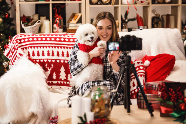 Young influencer filming a video blog with her dog Teenage girl holding her dog and filming a video blog at home. dog christams camera stock pictures, royalty-free photos & images