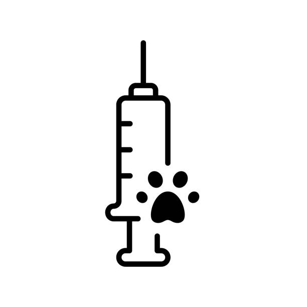 Pet vaccination icon. Logo of animal chipping Pet vaccination icon. Logo of animal chipping. Black illustration of microchip implantation with syringe, injection. Contour isolated vector on white background. Veterinary clinic emblem dog vaccine stock illustrations