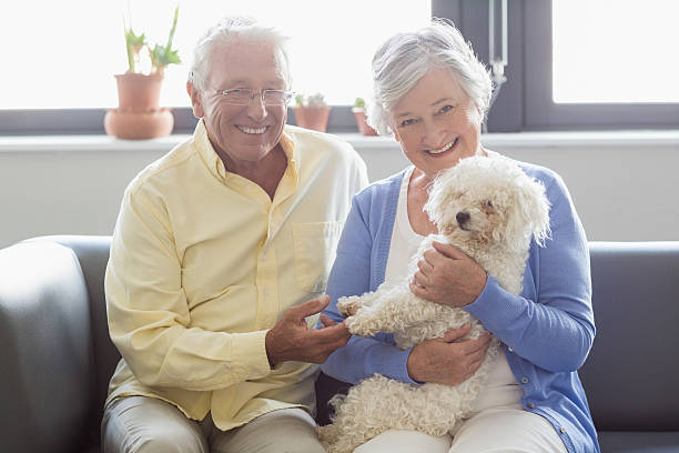 Senior couple holding a dog Senior couple holding a dog in a retirement home pet insurance stock pictures, royalty-free photos & images
