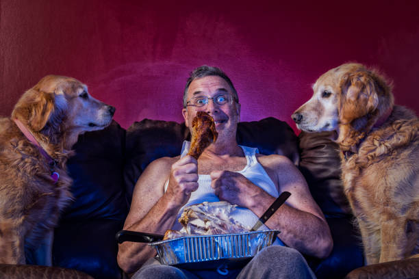 Man eating the last turkey dinner drumstick on couch as 2 dogs watch An unshaven middle aged Caucasian man sitting on a brown leather sofa with a turkey carcass in an aluminum foil tray in his lap eating the last drumstick as two dogs watch, while watching TV. dog table scraps stock pictures, royalty-free photos & images