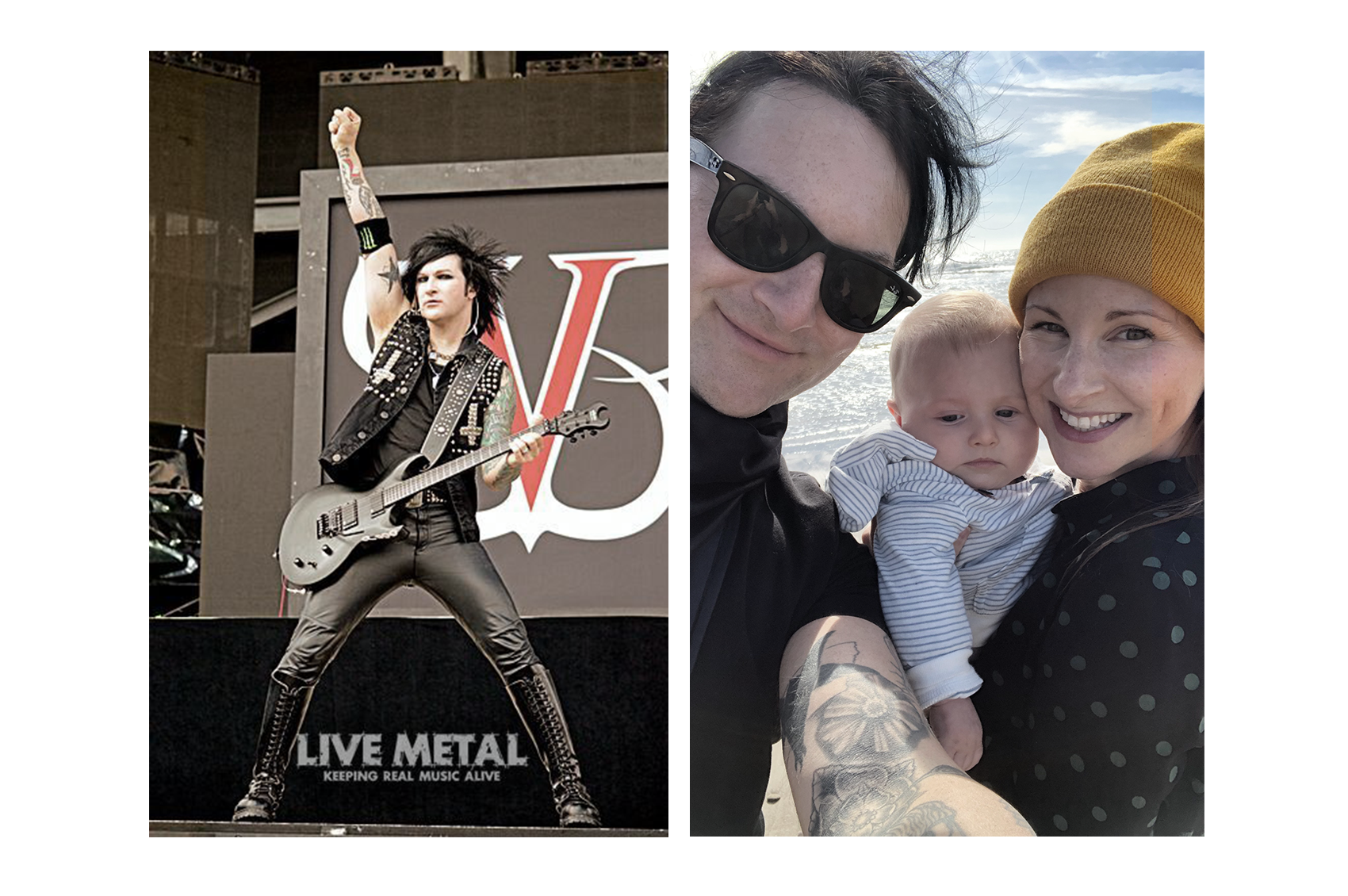 Jinxx performing on stage and with his wife & son, Lennon