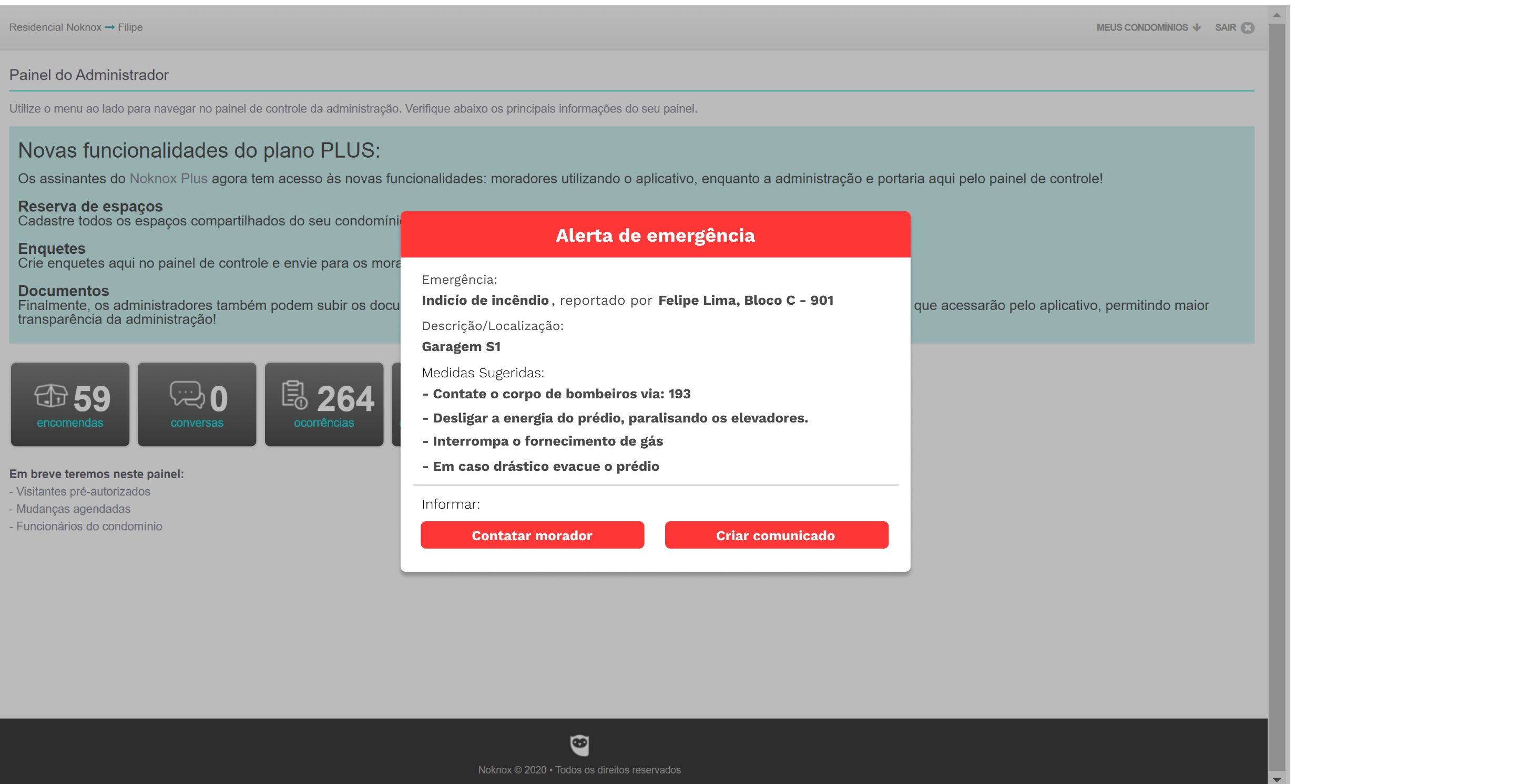 Tela painel de controle - emergência solicitada pelo morador
