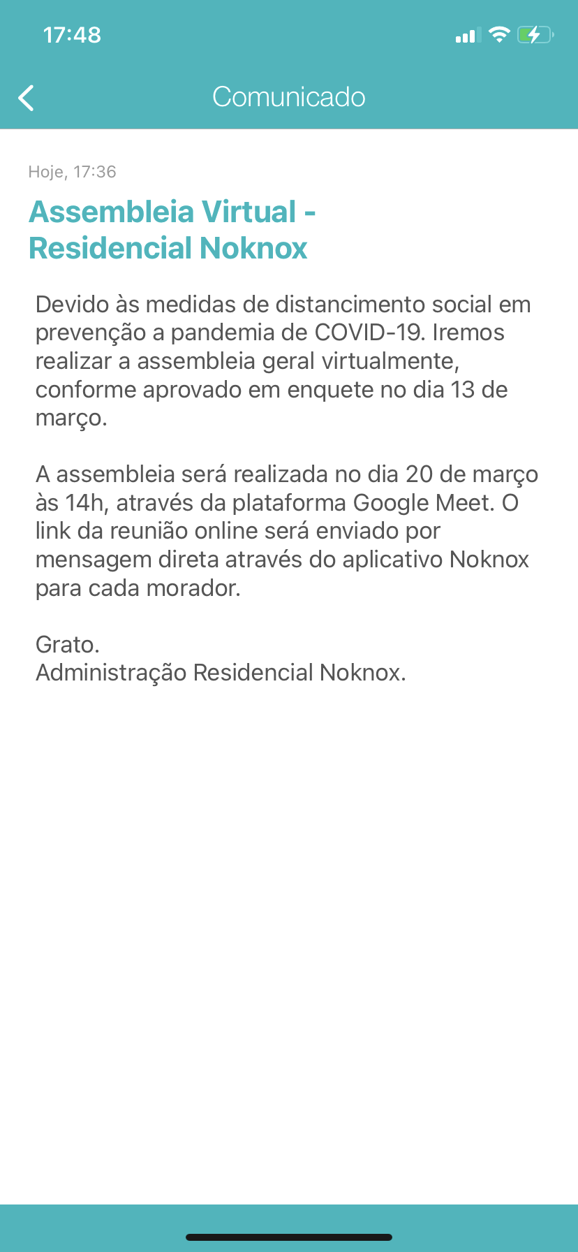Aplicativo Noknox - Função Comunicados