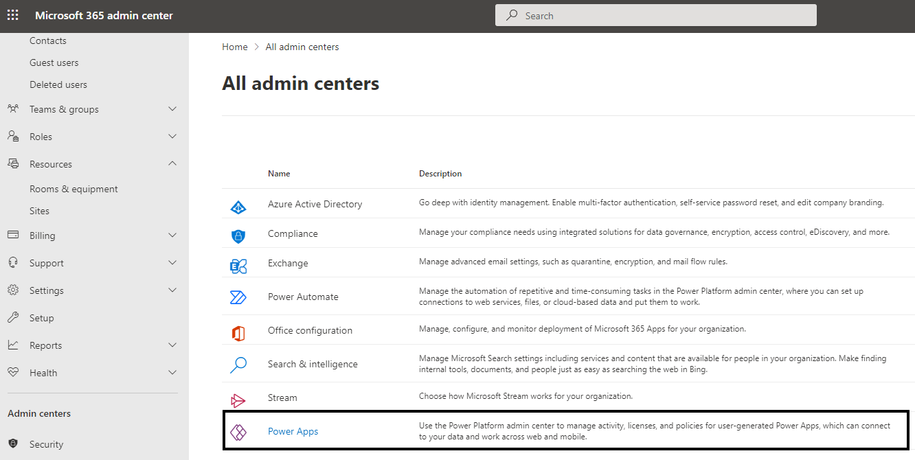 Page regroupant tous les centre d'administration de Dynamics 365