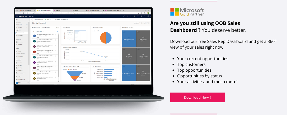 Click here to download our free Sales Rep dashboard for Microsoft Dynamics 365 Sales