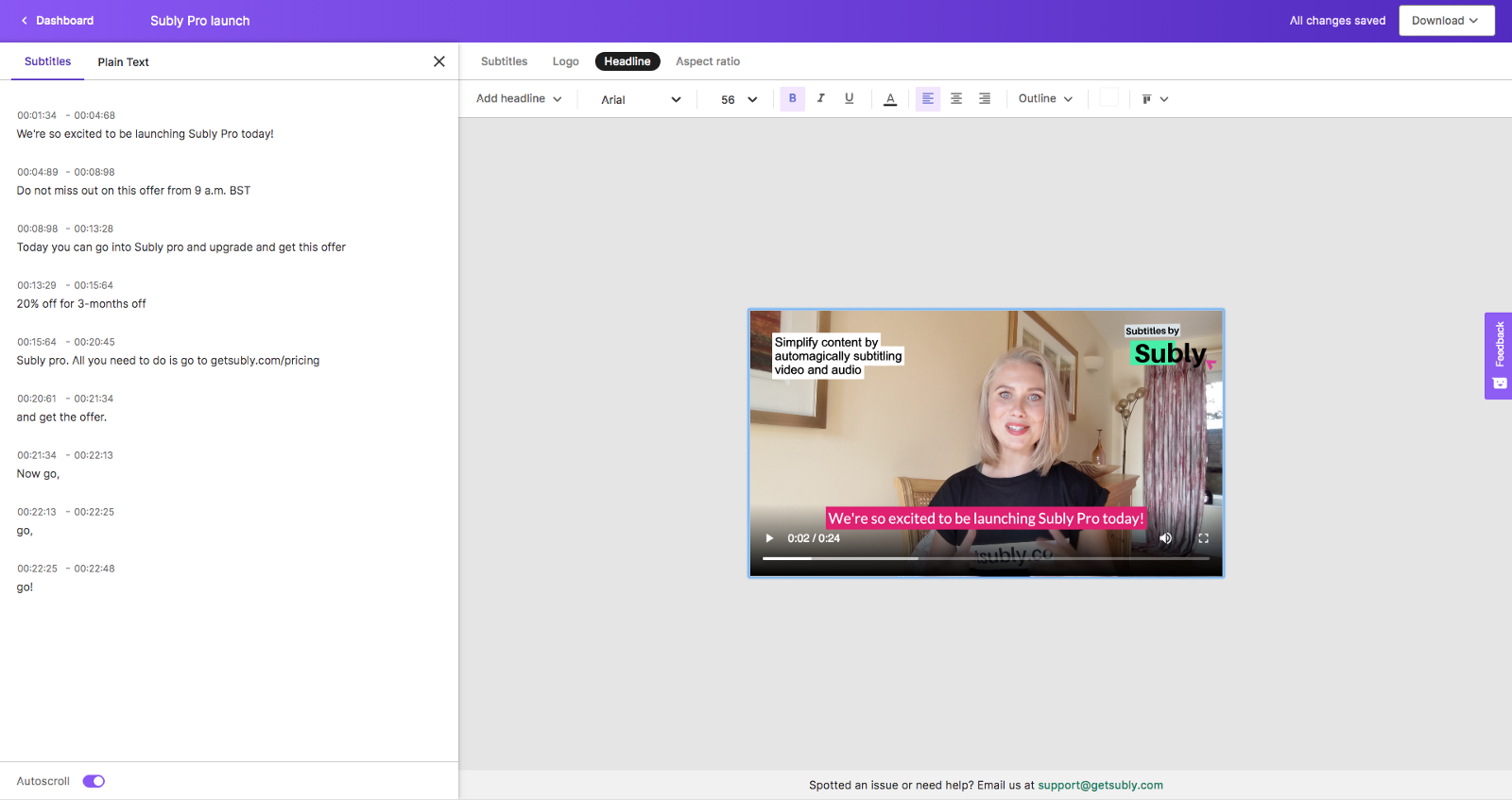Subly editor screenshot showing subtitle editing screen