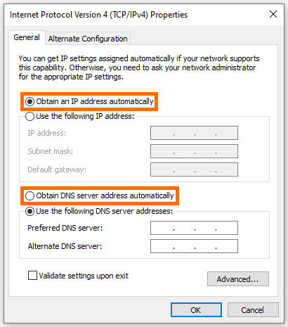 Network Adapter DHCP IP Settings
