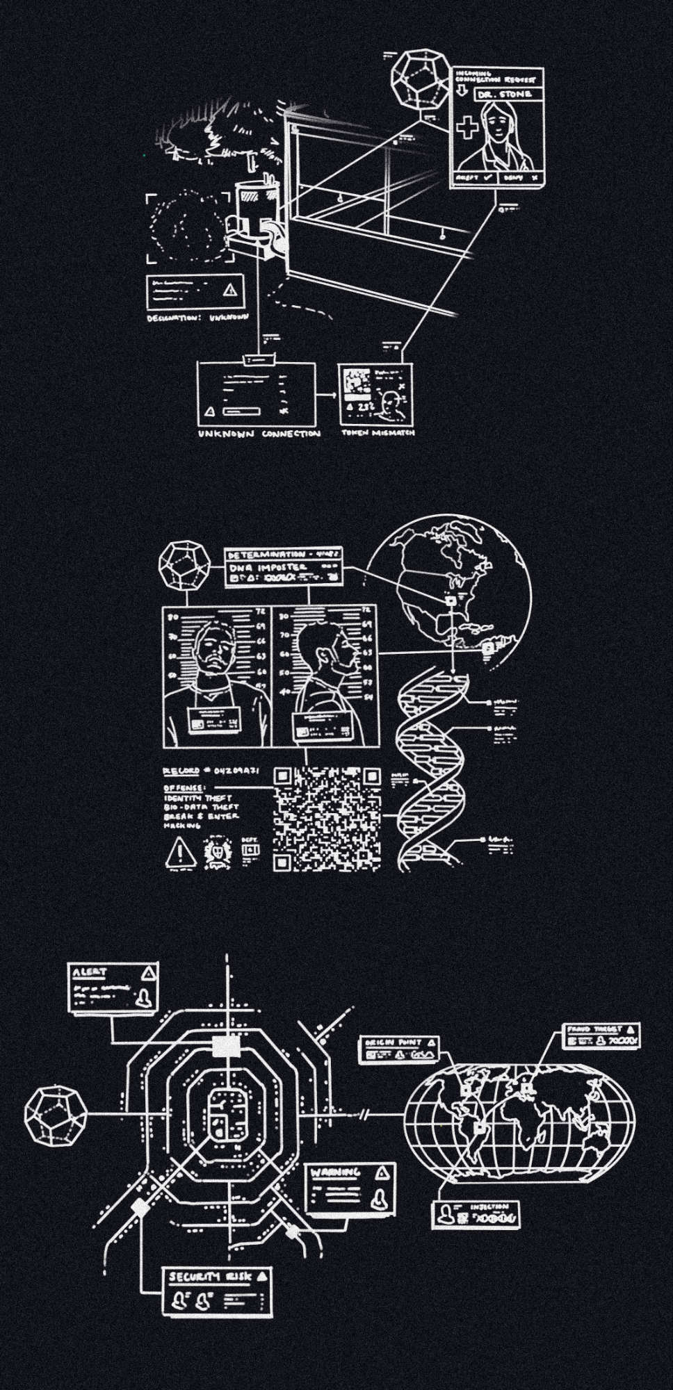 Three illustrations for the project's scenarios of various themes