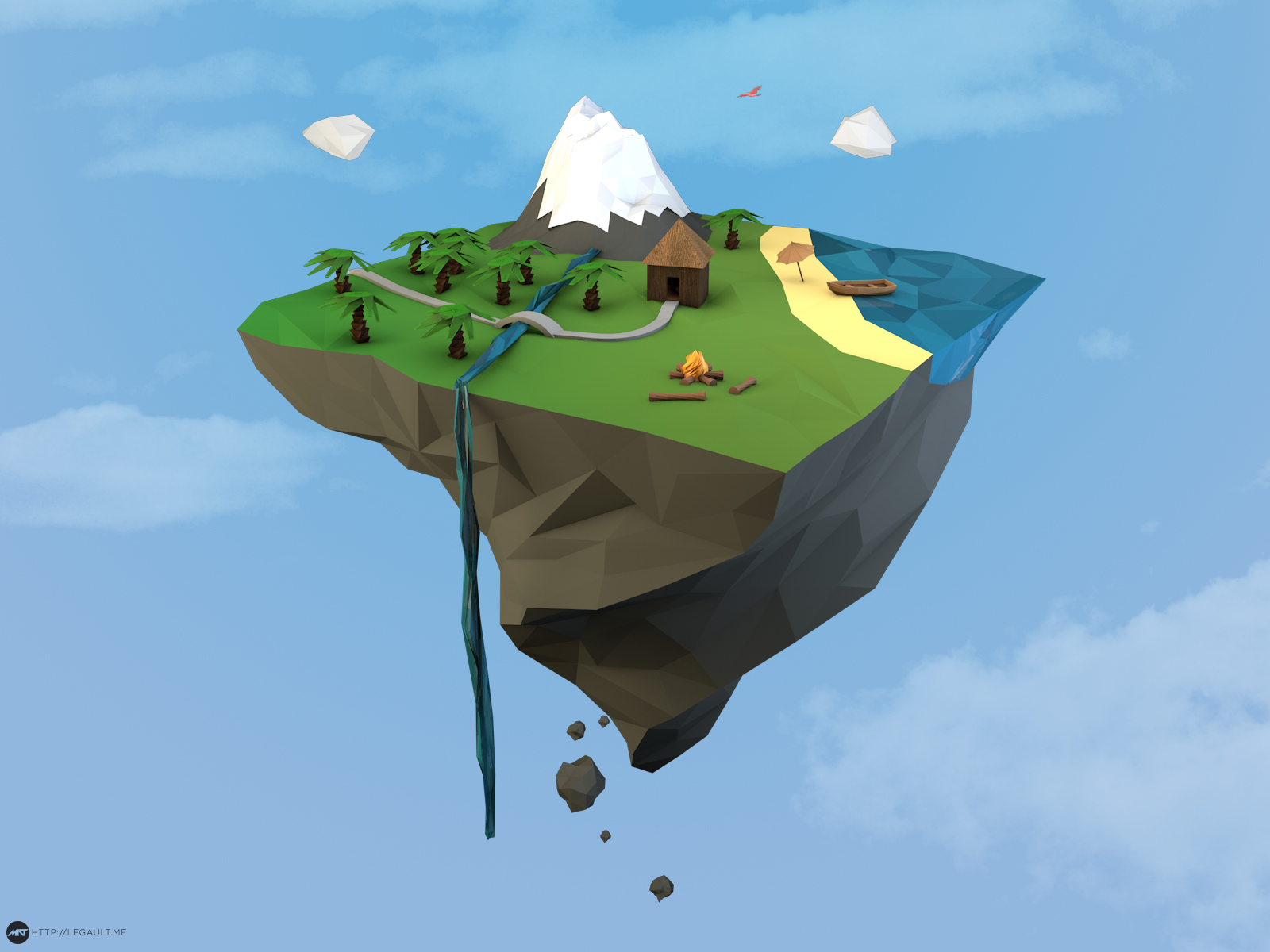 low poly mountain floating island flat minimalist simplistic cinema 4d mathieu legault simple my own little world