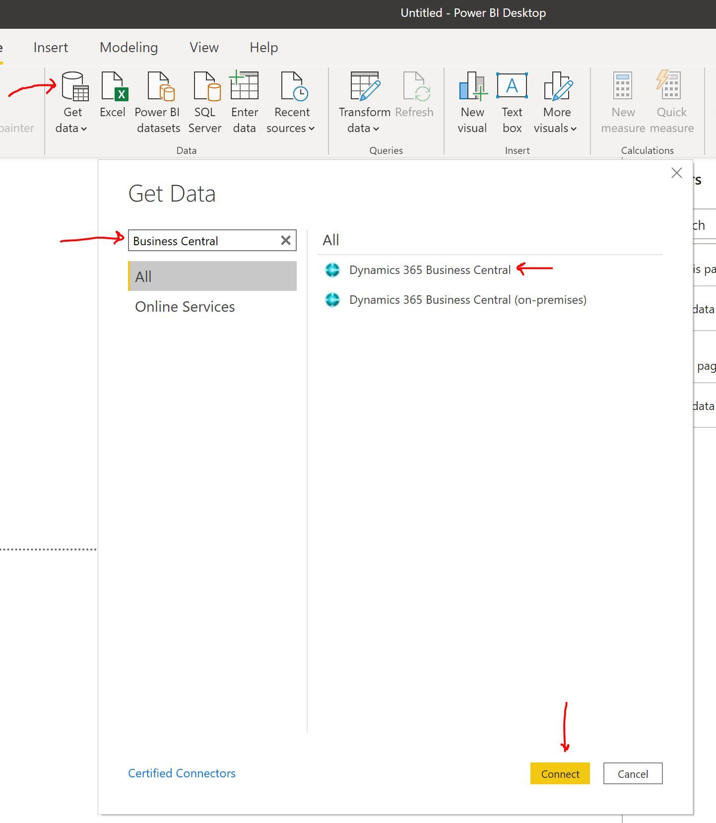 Connect Power BI to business central cloud and on premise