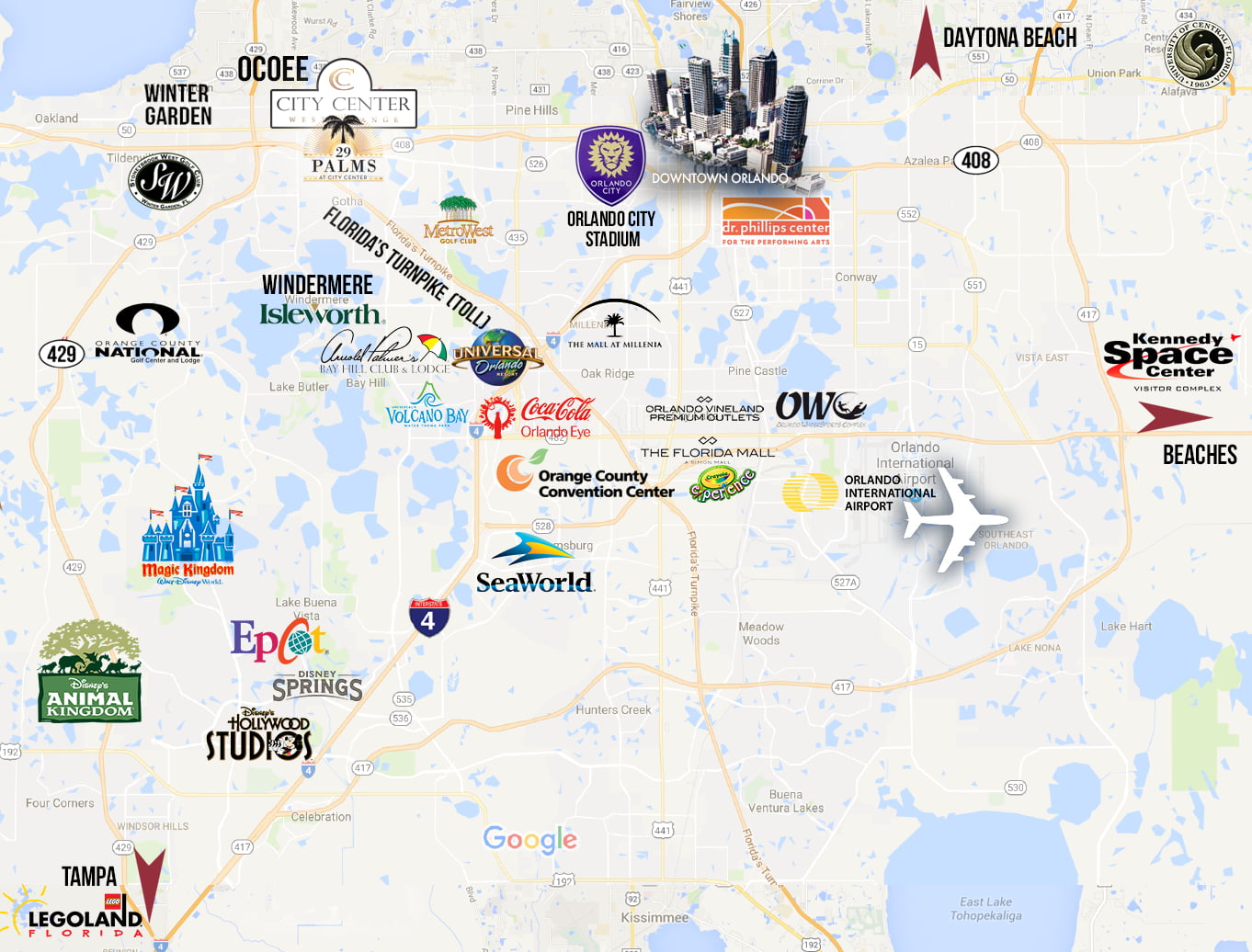 Map of Orlando, FL with attractions