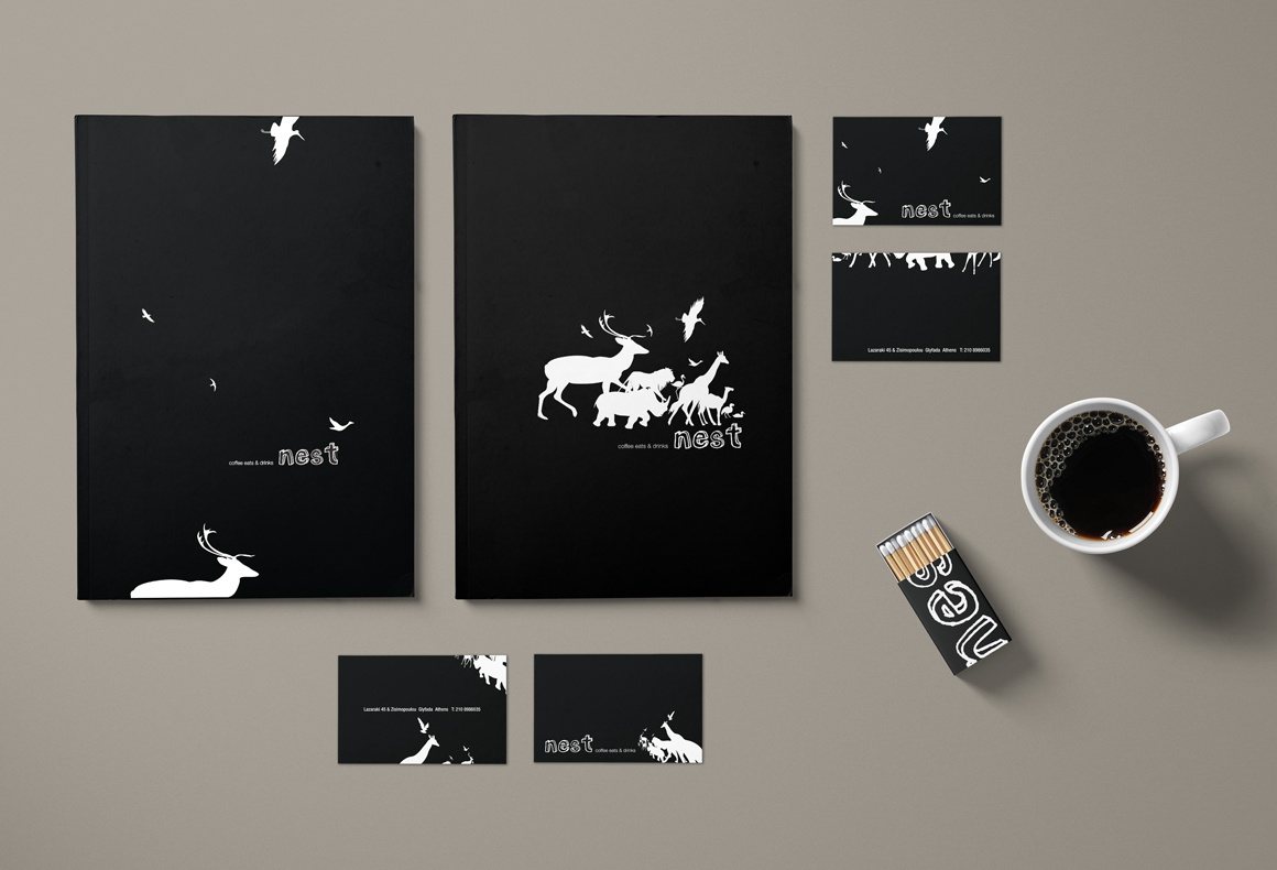 Graphic design applications by Reform for a restaurant brand identity including menus, business cards and matchboxes.