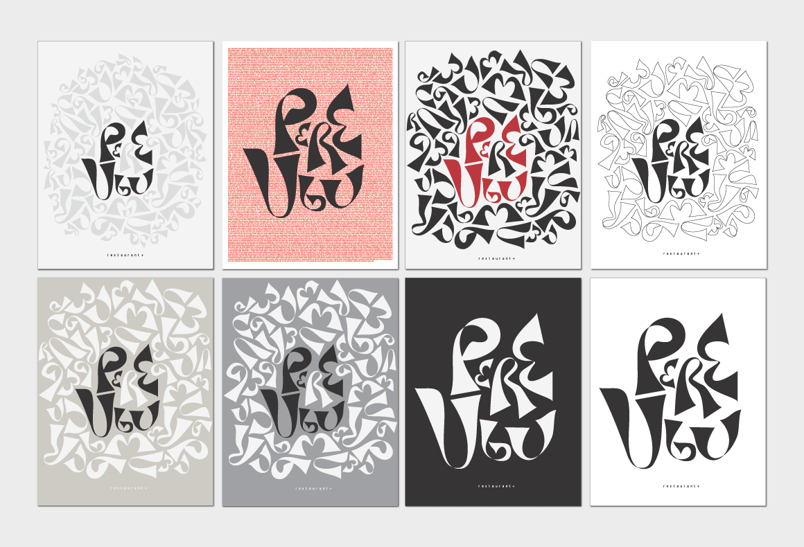 The conceptual development of a restaurant logo and patterns.