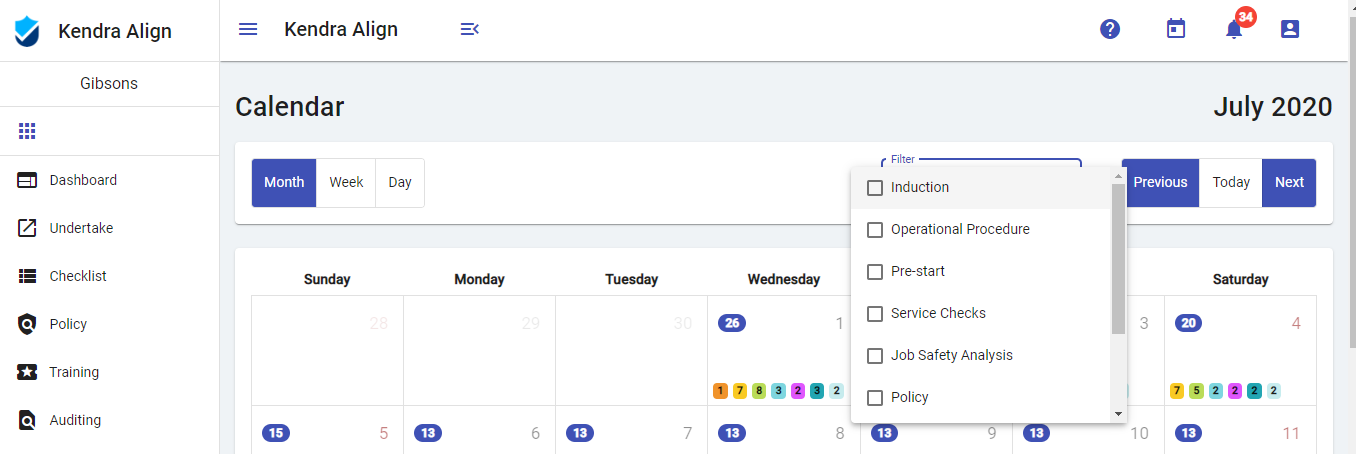 Checklist Filters for Calendar - Kiri Align