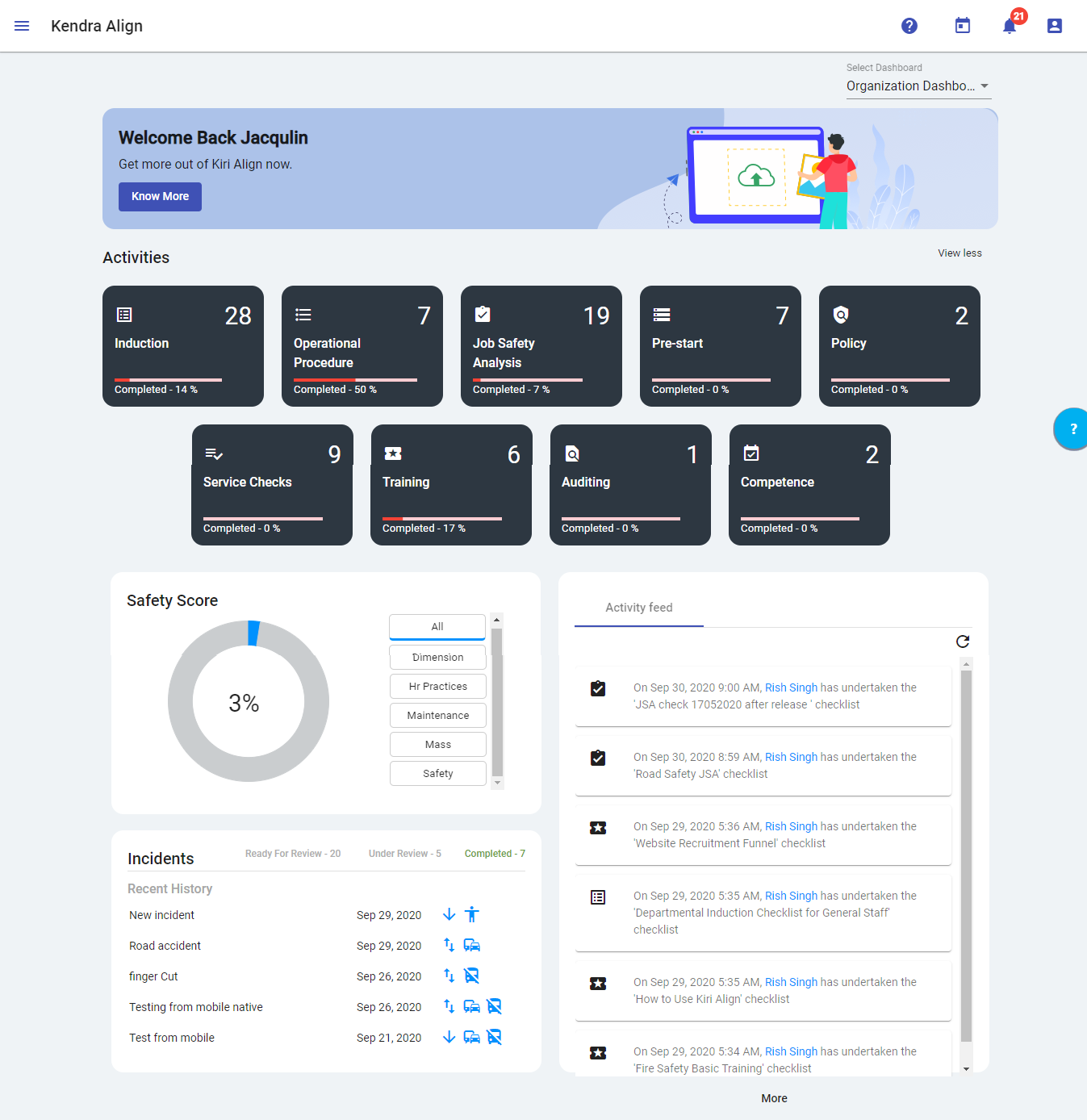 Track Activities on Dashboard - Kiri Align