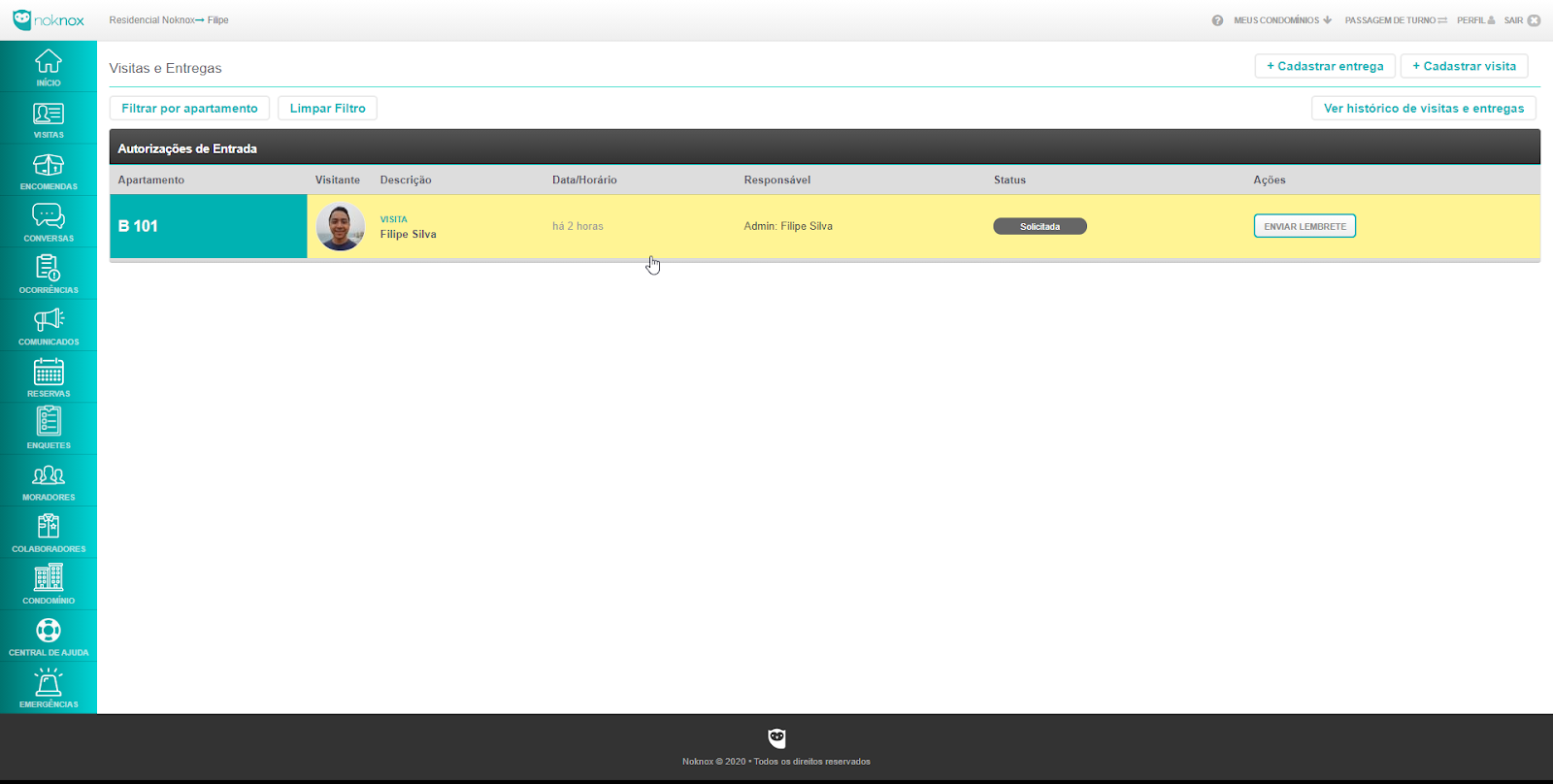 Painel portaria, lista de visitantes