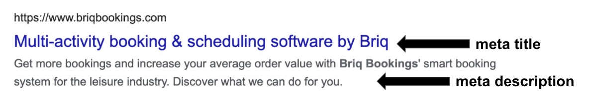 An example of how meta titles and description displayed on search engine result pages - SEO leisure tips from Briq Bookings