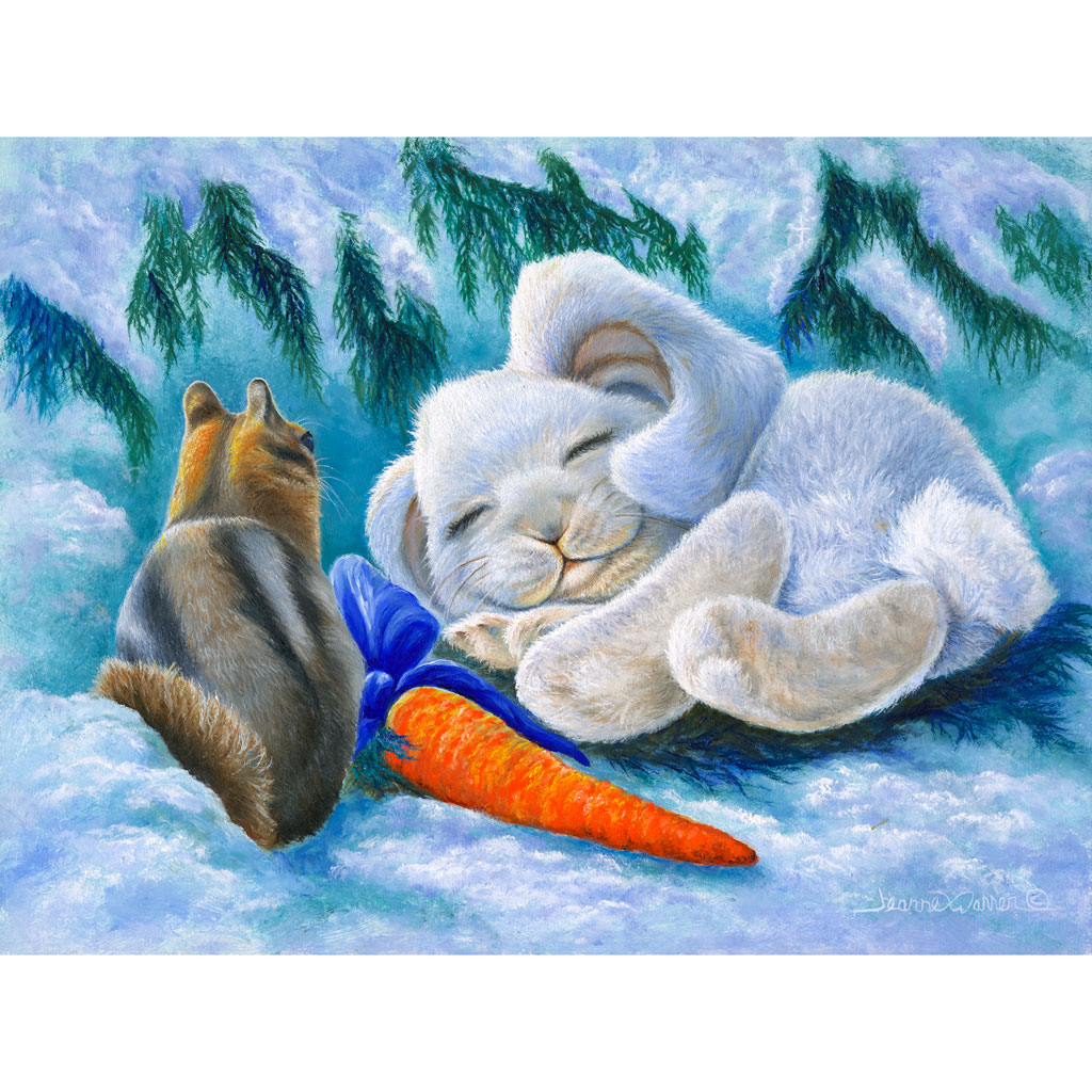 Snow Bunny with Carrot and Chipmunk  |  Canvas Print - "Snuggle Bunny" | Wall Decor, Wildlife Art