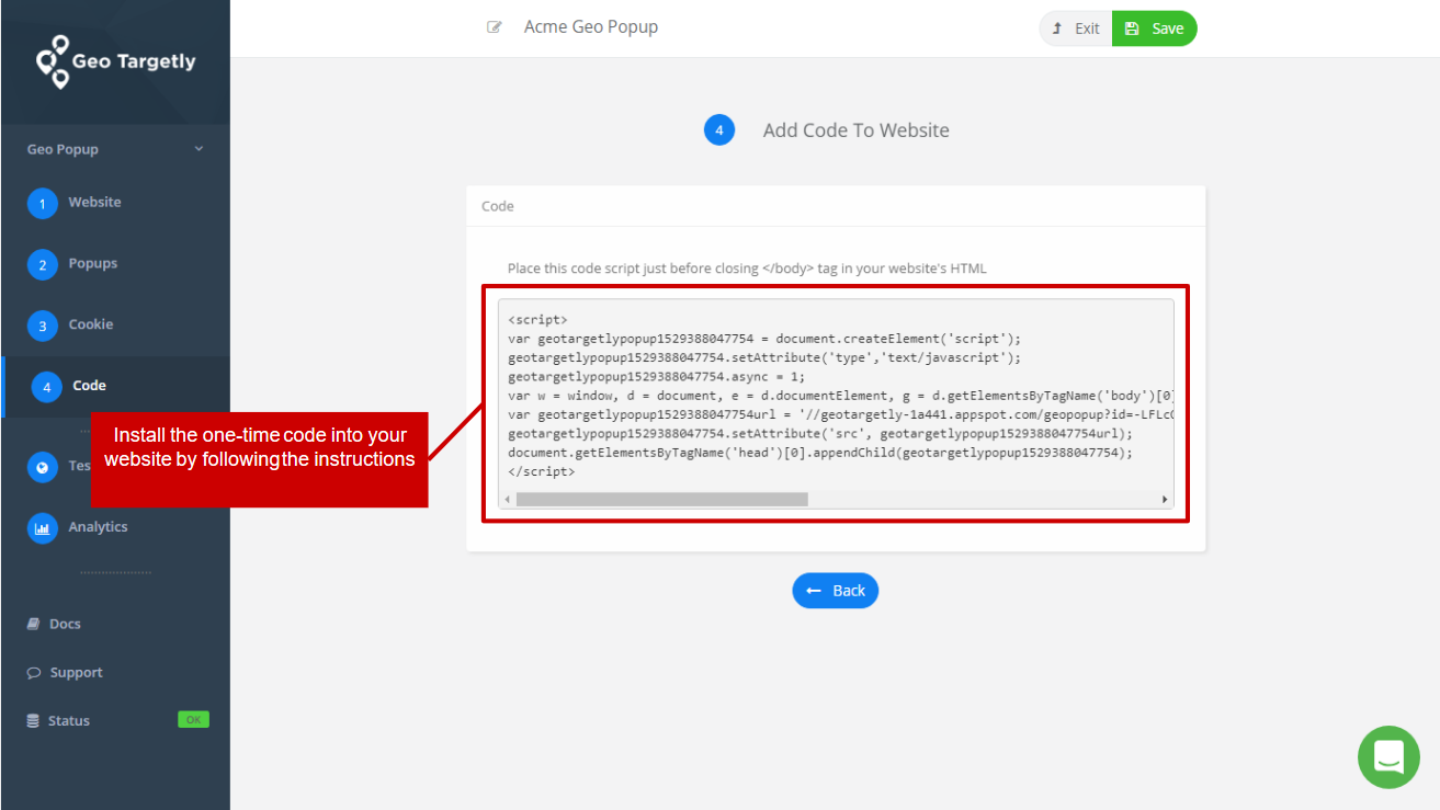 copy the geo targeted popup code snippet and add it to your website body