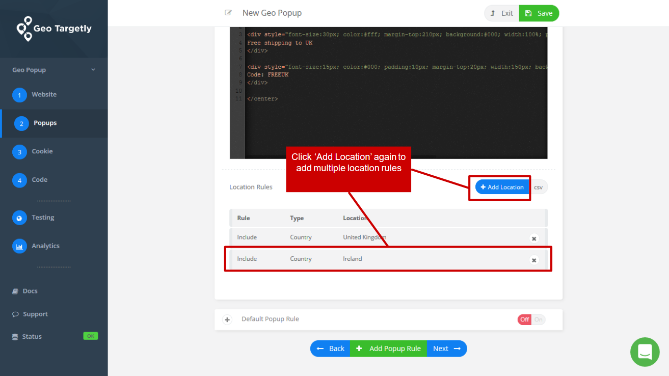 add locations to show your geo targeted popup