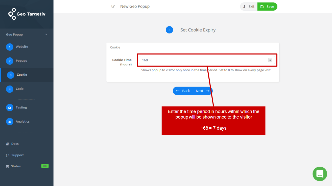 set a cookie time to ensure the geo targeted popup is only shown once to visitors