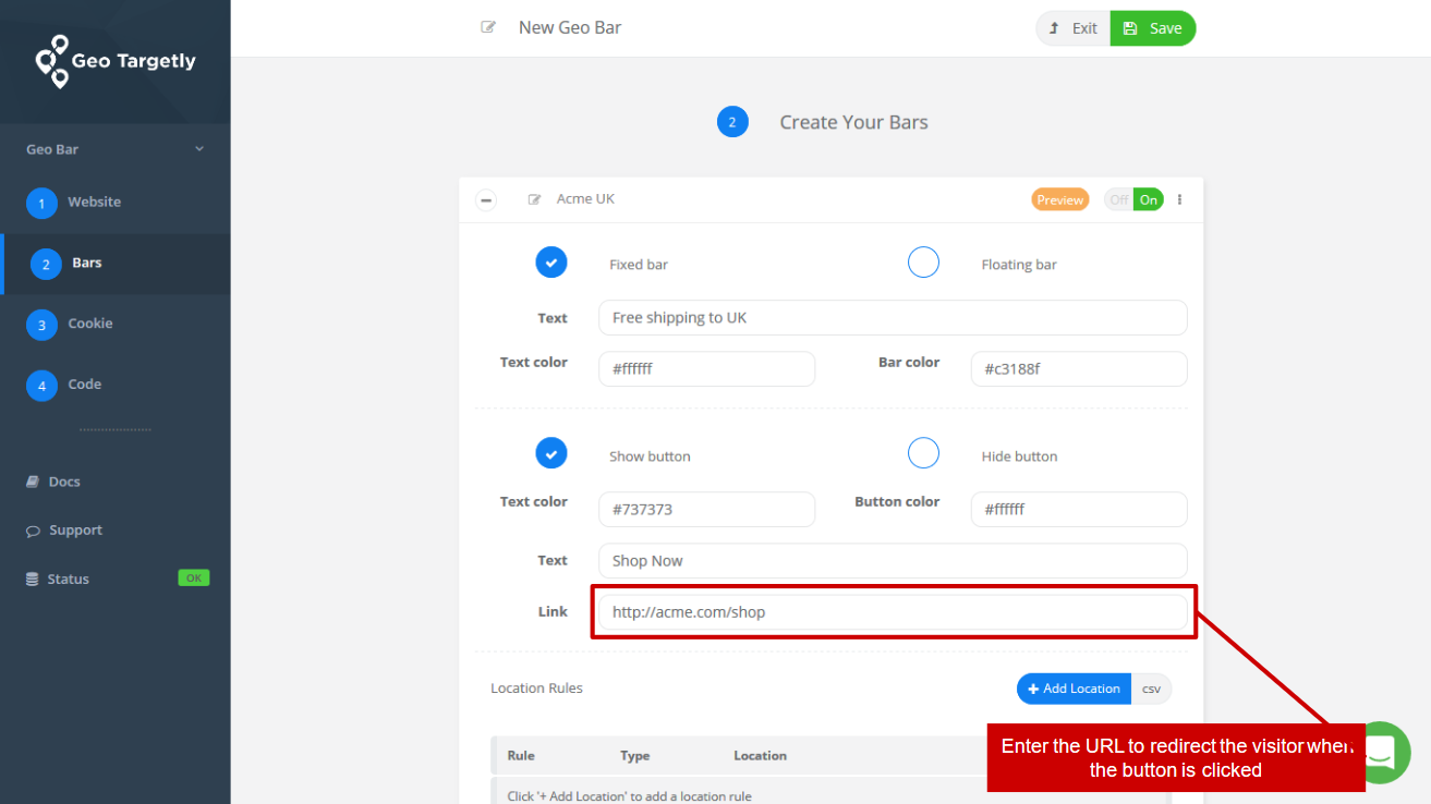 design your geo bar text, colors and buttons