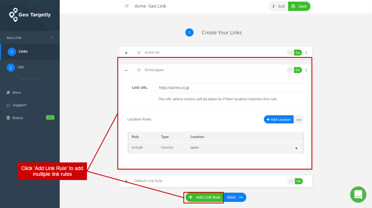 add multipe geo link rules to take visitors to redirect visitors to specific links based on their location