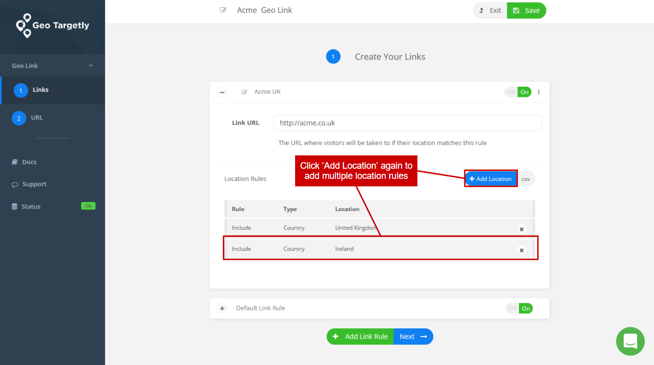 add a redirect link and assign locations