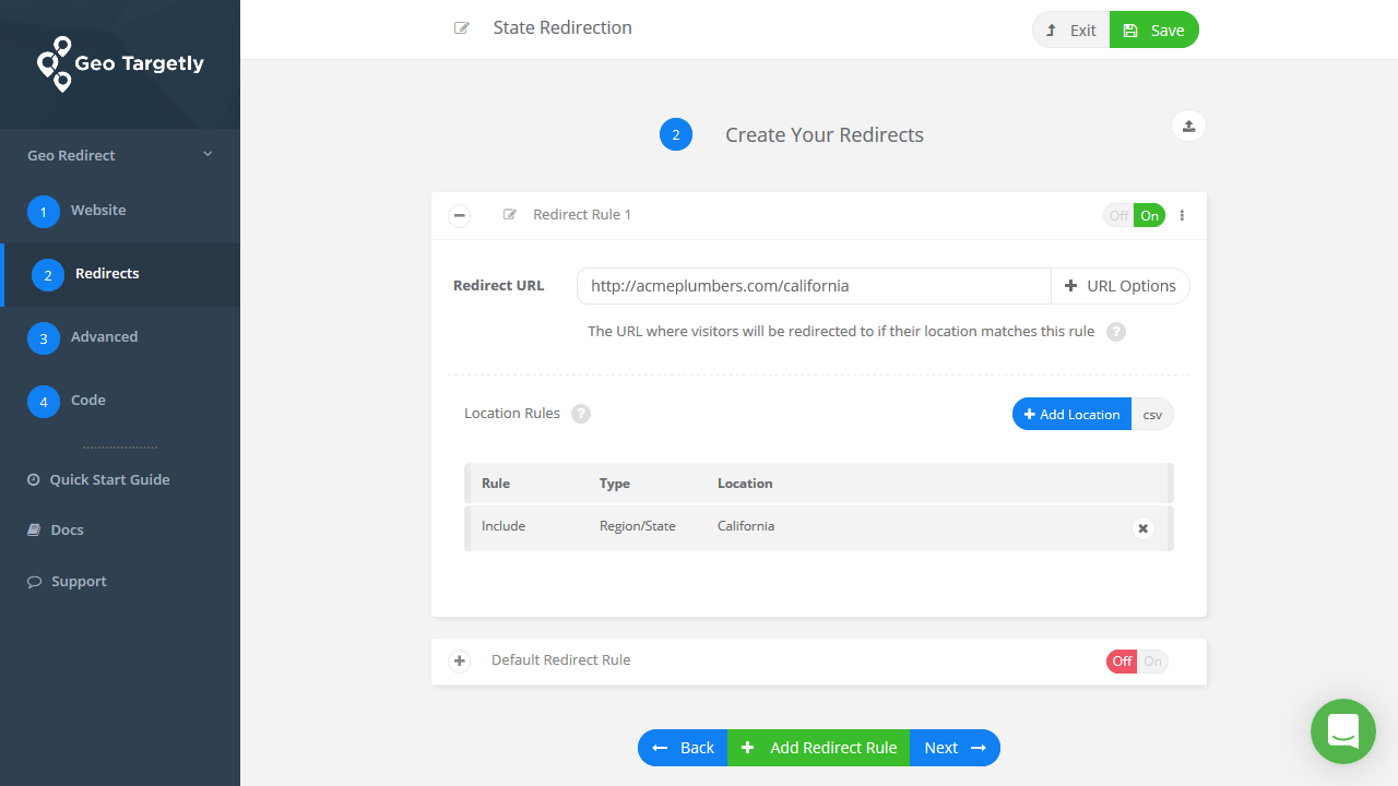 add a state rule for your geo targeted redirect