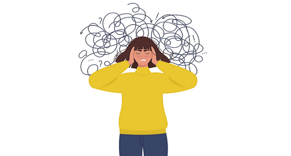 A cartoon woman holds her head in frustration as a mess of loops and lines surround her head showing confusing.