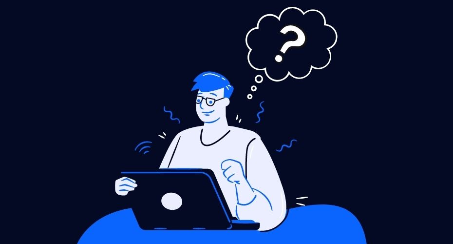 A cartoon person does research on a laptop.
