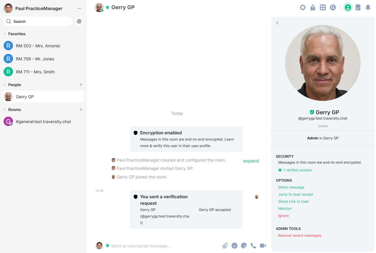Screenshot of secure chat showing verified identities