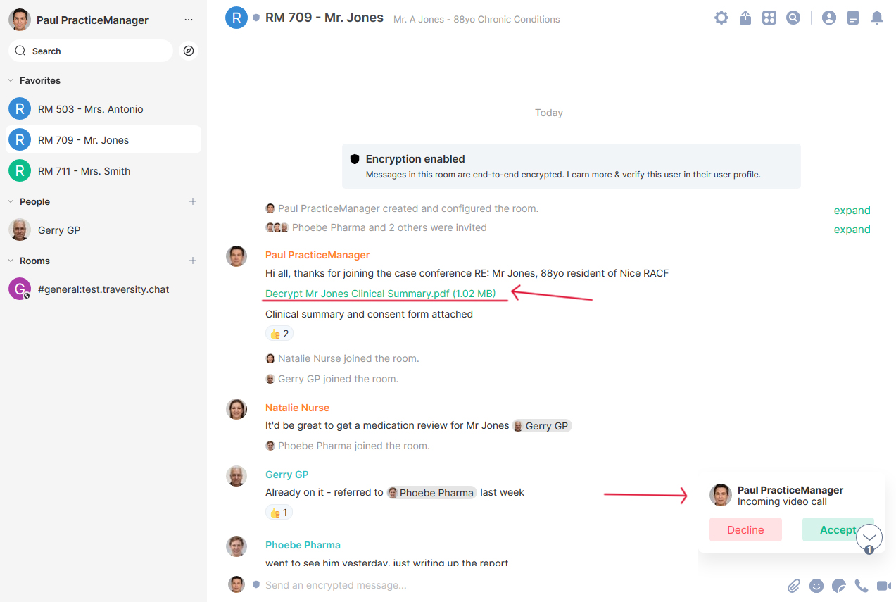 Screenshot of chat showing encrypted file and video call