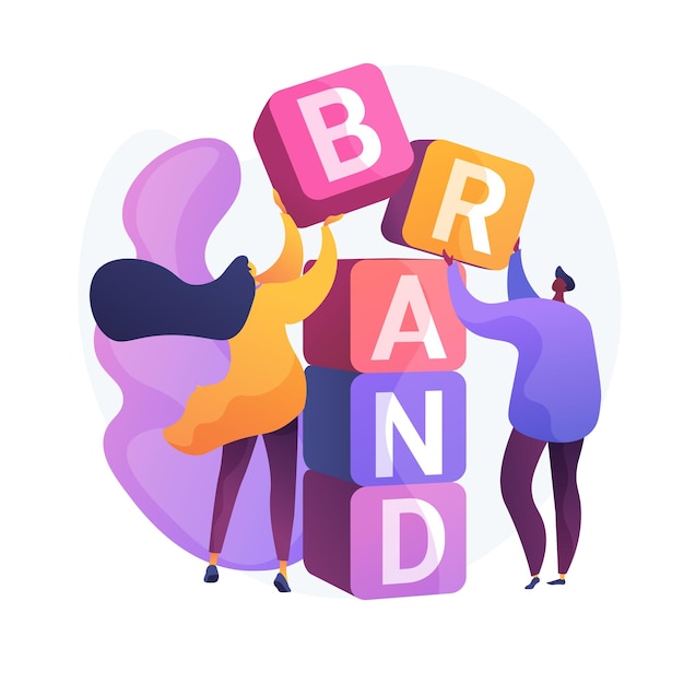 Product brand building. corporate identity design. studio designers flat characters teamwork, cooperation and collaboration. company name. Free Vector