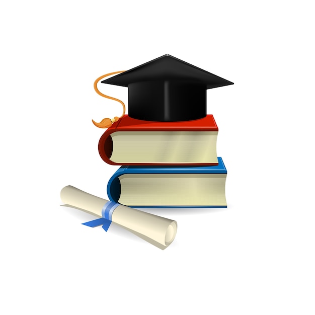 Graduation cap, diploma and books Free Vector