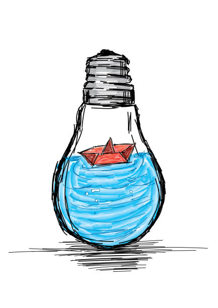 Explore the Ideas - Light Bulb with Ocean and Boat- Vector Illustration creative stock illustrations