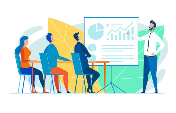 Office Worker Conducting Seminar to New Trainees Prospective Experienced Office Supervisor, Responsible for Support of Trainees, Giving Presentation Within Business Seminar, Using Pie Diagrams and Column Charts to Illustrate Theoretical Points Research department stock illustrations