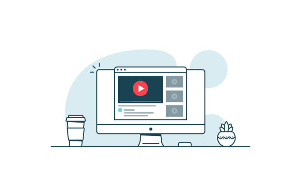 Video service concept. Computer with open browser and video player. Vector illustration in line art style video marketing stock illustrations